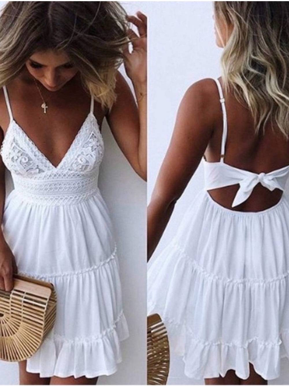 Elegant White Lace Tiered Mini Dress with Spaghetti Straps